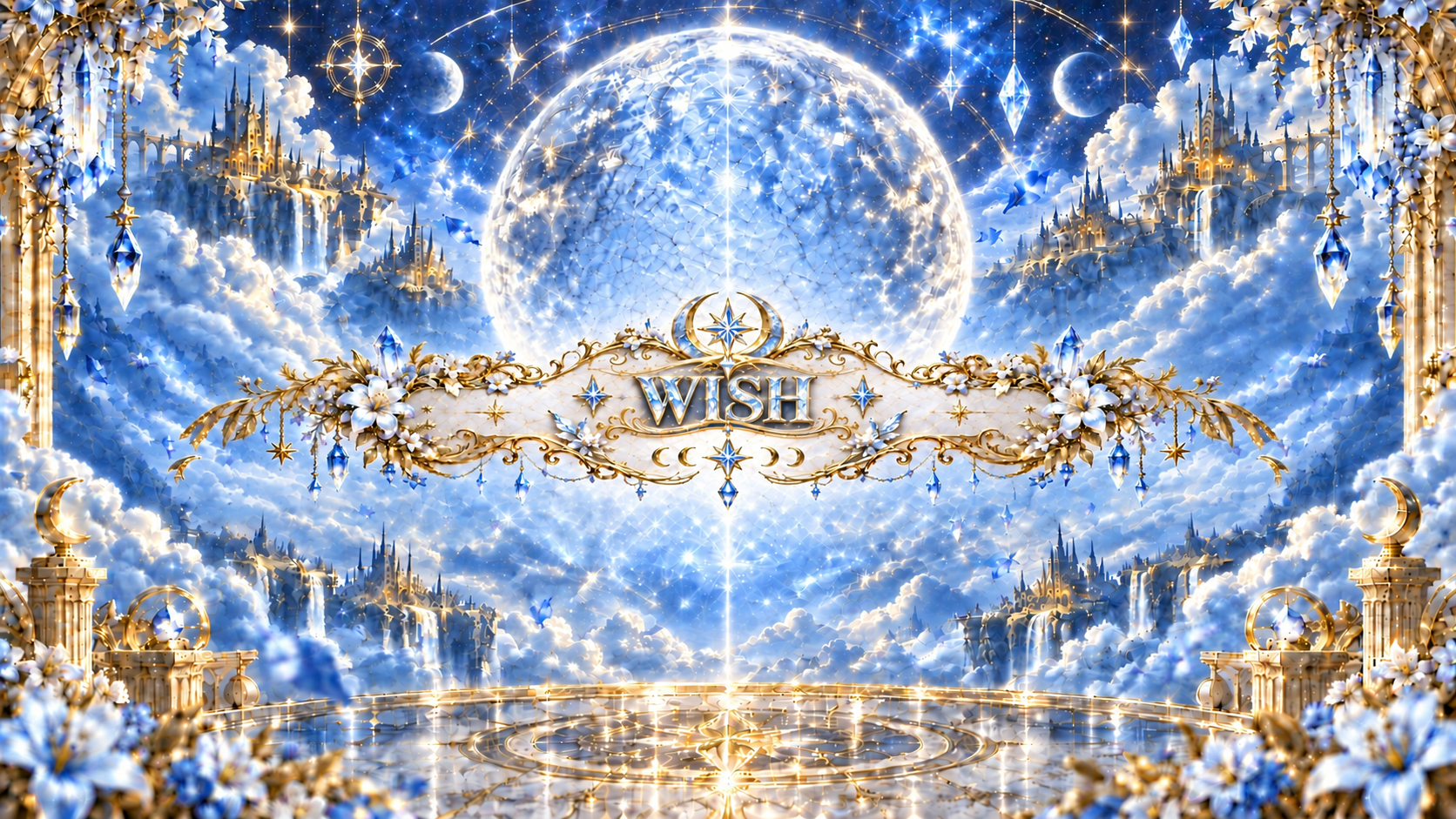 금빛 달과 별, 푸른 크리스탈로 장식된 WISH 로고